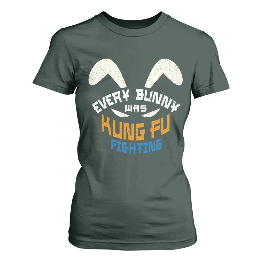 Every Bunny Was Kung Fu Fighting T Shirt For Women Funny Easter Vintage Rabbit Face TS10 Dark Forest Green Print Your Wear