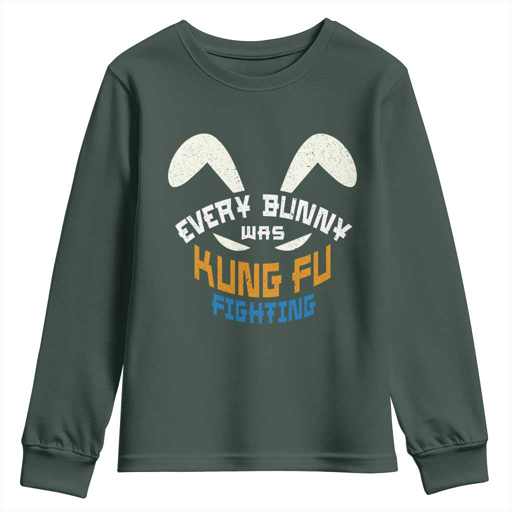 Every Bunny Was Kung Fu Fighting Youth Sweatshirt Funny Easter Vintage Rabbit Face TS10 Dark Forest Green Print Your Wear