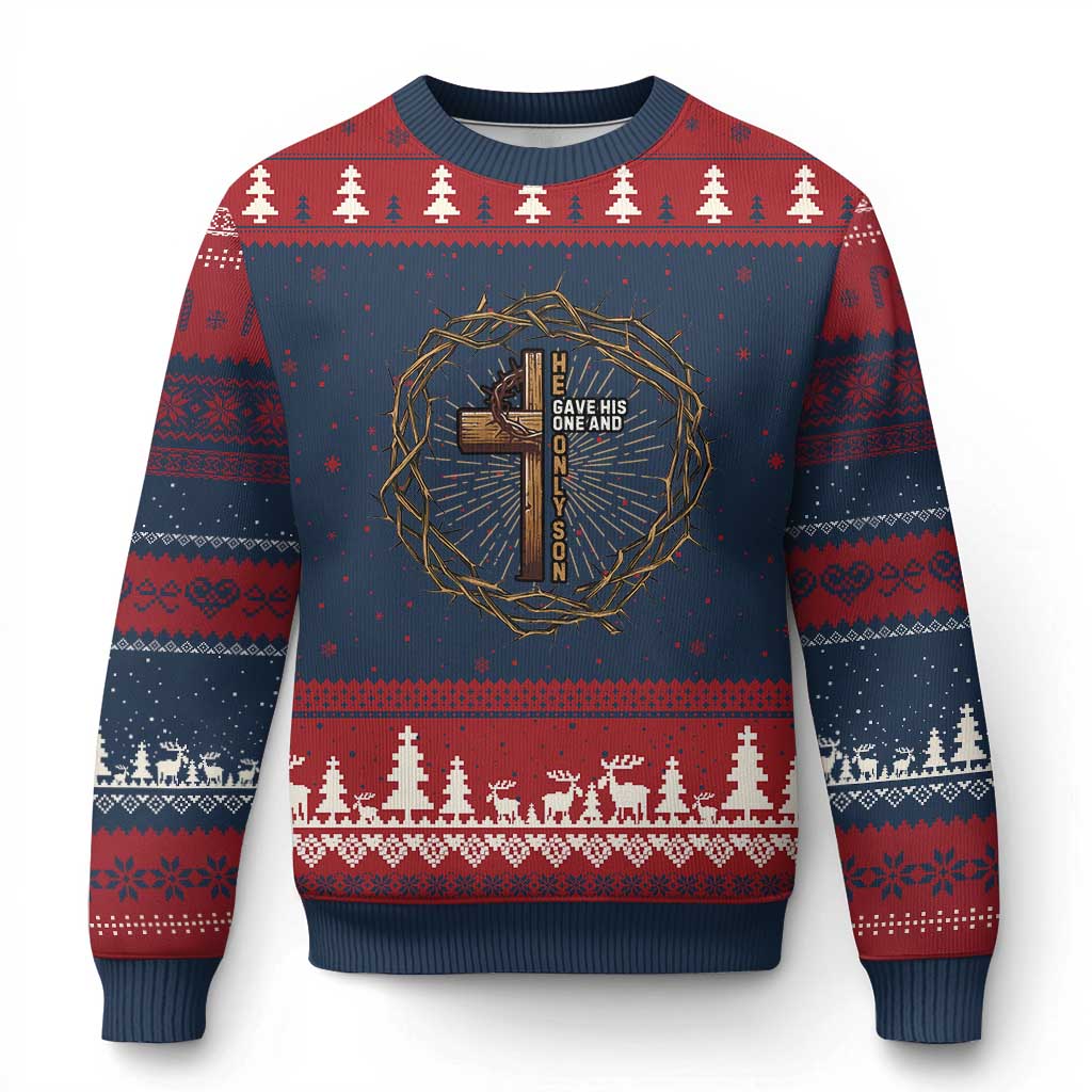 Christian Cross Ugly Christmas Sweater Bible John 3:16 Jesus He Gave His Only Son Jesus Christian TS10 Navy Red Print Your Wear