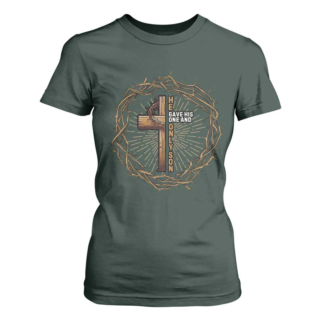 Christian Cross T Shirt For Women Bible John 3:16 Jesus He Gave His Only Son Jesus Christian TS10 Dark Forest Green Print Your Wear