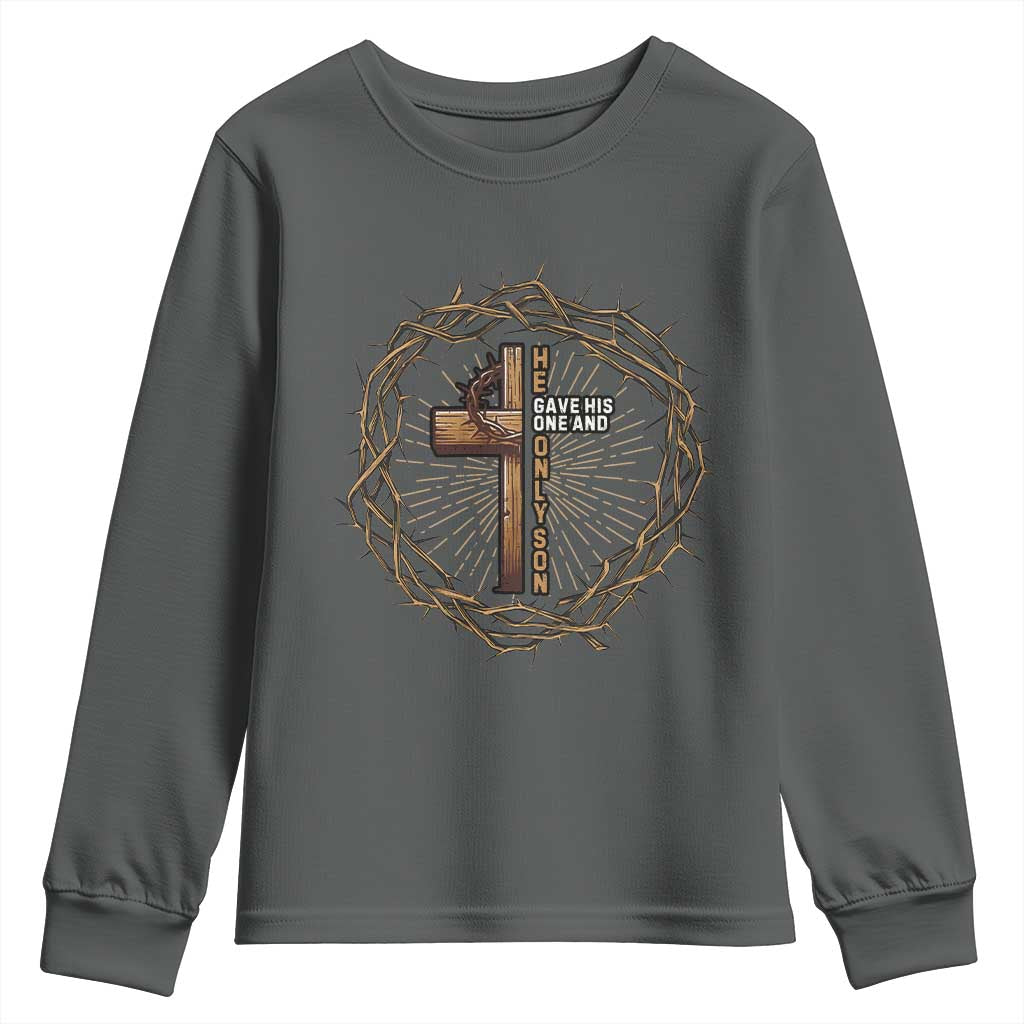 Christian Cross Youth Sweatshirt Bible John 3:16 Jesus He Gave His Only Son Jesus Christian TS10 Dark Heather Print Your Wear