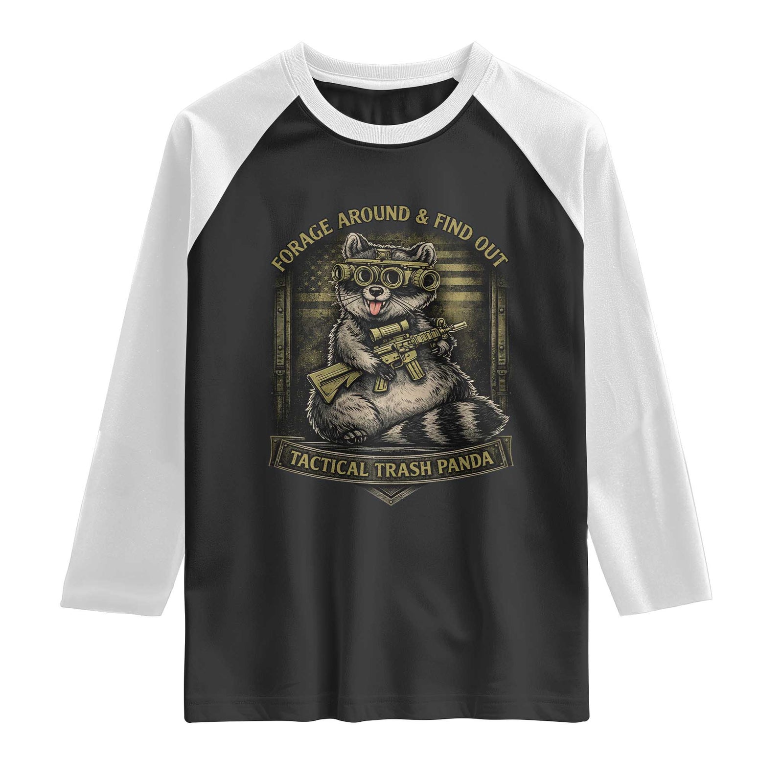 Tactical Trash Panda Raglan Shirt Funny Raccoon Military Graphic Patriotic Veteran TS10 Black White Print Your Wear