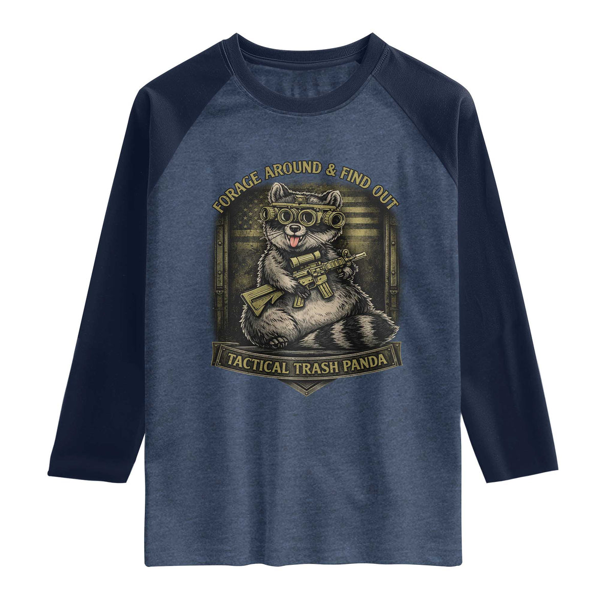 Tactical Trash Panda Raglan Shirt Funny Raccoon Military Graphic Patriotic Veteran TS10 Heather Denim Navy Print Your Wear