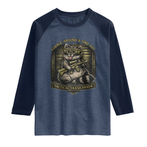 Tactical Trash Panda Raglan Shirt Funny Raccoon Military Graphic Patriotic Veteran TS10 Heather Denim Navy Print Your Wear