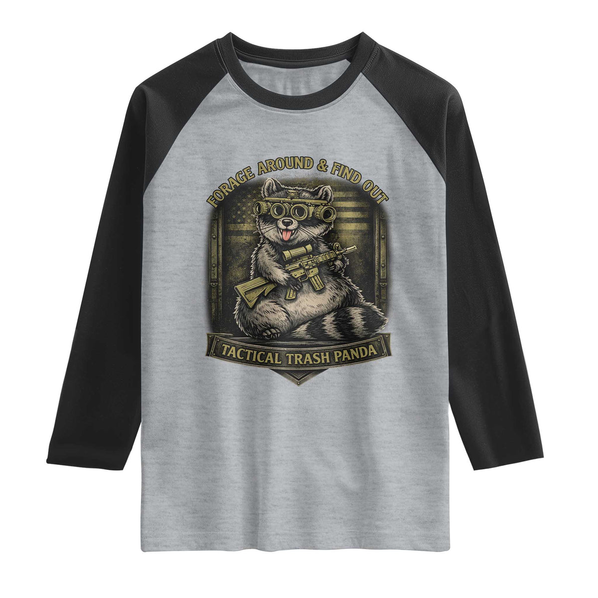 Tactical Trash Panda Raglan Shirt Funny Raccoon Military Graphic Patriotic Veteran TS10 Heather Gray Black Print Your Wear