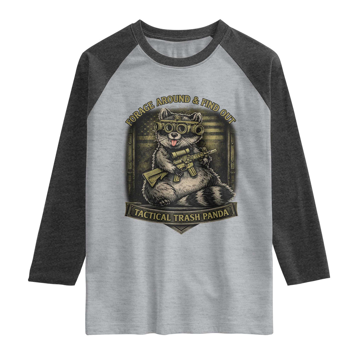 Tactical Trash Panda Raglan Shirt Funny Raccoon Military Graphic Patriotic Veteran TS10 Heather Gray Heather Charcoal Print Your Wear