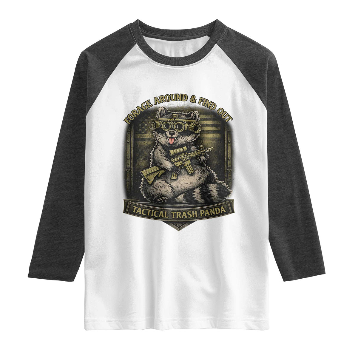 Tactical Trash Panda Raglan Shirt Funny Raccoon Military Graphic Patriotic Veteran TS10 White Heather Charcoal Print Your Wear
