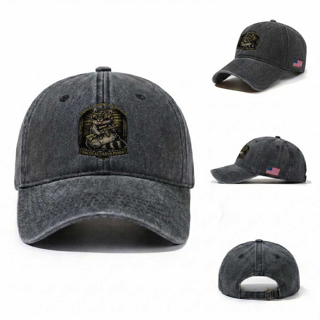 Tactical Trash Panda Washed Cotton Baseball Cap Funny Raccoon Military Graphic Patriotic Veteran TS10 Washed Cap Universal Fit Dark Gray Print Your Wear