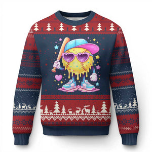 Funny Softball Drip Ugly Christmas Sweater Ice Cream Sprinkles Softball Girls Kid TS10 Navy Red Print Your Wear