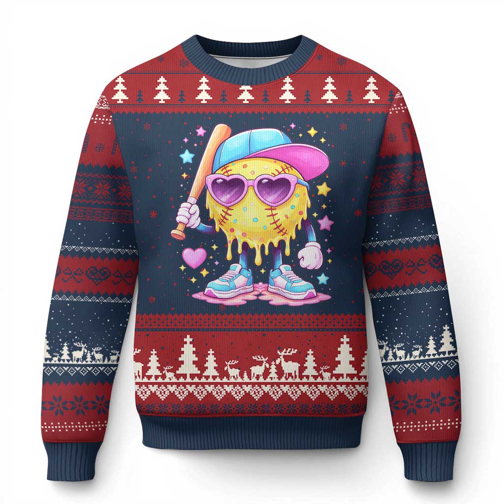 Funny Softball Drip Ugly Christmas Sweater Ice Cream Sprinkles Softball Girls Kid TS10 Navy Red Print Your Wear