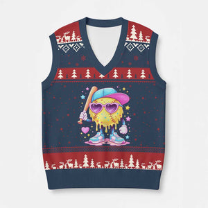 Funny Softball Drip V-Neck Knit Sweater Vest Ice Cream Sprinkles Softball Girls Kid TS10 Navy Red Print Your Wear
