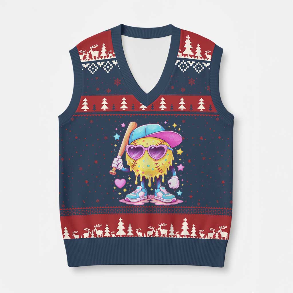 Funny Softball Drip V-Neck Knit Sweater Vest Ice Cream Sprinkles Softball Girls Kid TS10 Navy Red Print Your Wear