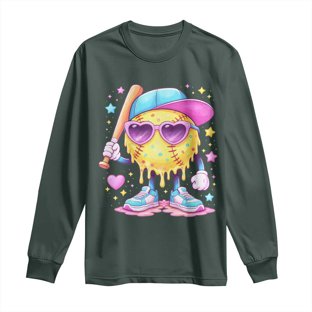 Funny Softball Drip Long Sleeve Shirt Ice Cream Sprinkles Softball Girls Kid TS10 Dark Forest Green Print Your Wear