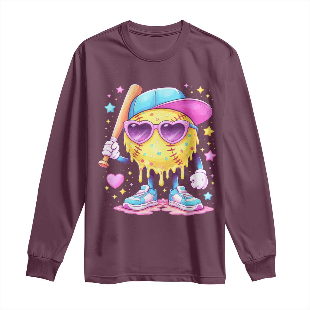 Funny Softball Drip Long Sleeve Shirt Ice Cream Sprinkles Softball Girls Kid TS10 Maroon Print Your Wear