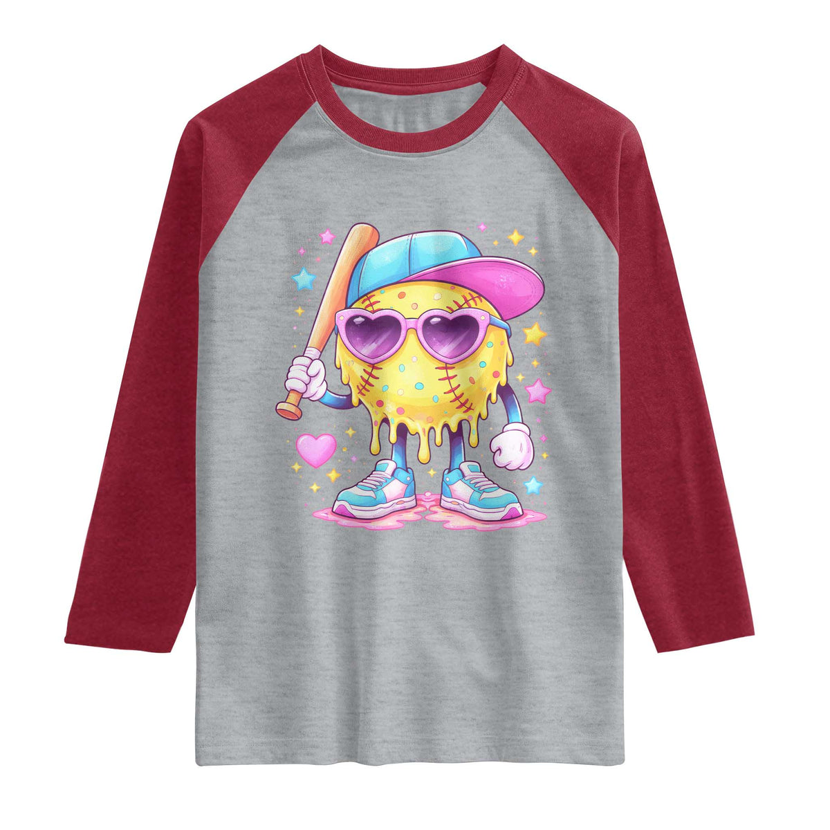 Funny Softball Drip Raglan Shirt Ice Cream Sprinkles Softball Girls Kid TS10 Heather Gray Heather Red Print Your Wear
