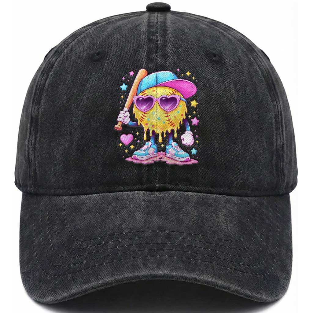 Funny Softball Drip Washed Cotton Baseball Cap Ice Cream Sprinkles Softball Girls Kid TS10 Washed Cap Universal Fit Black Print Your Wear