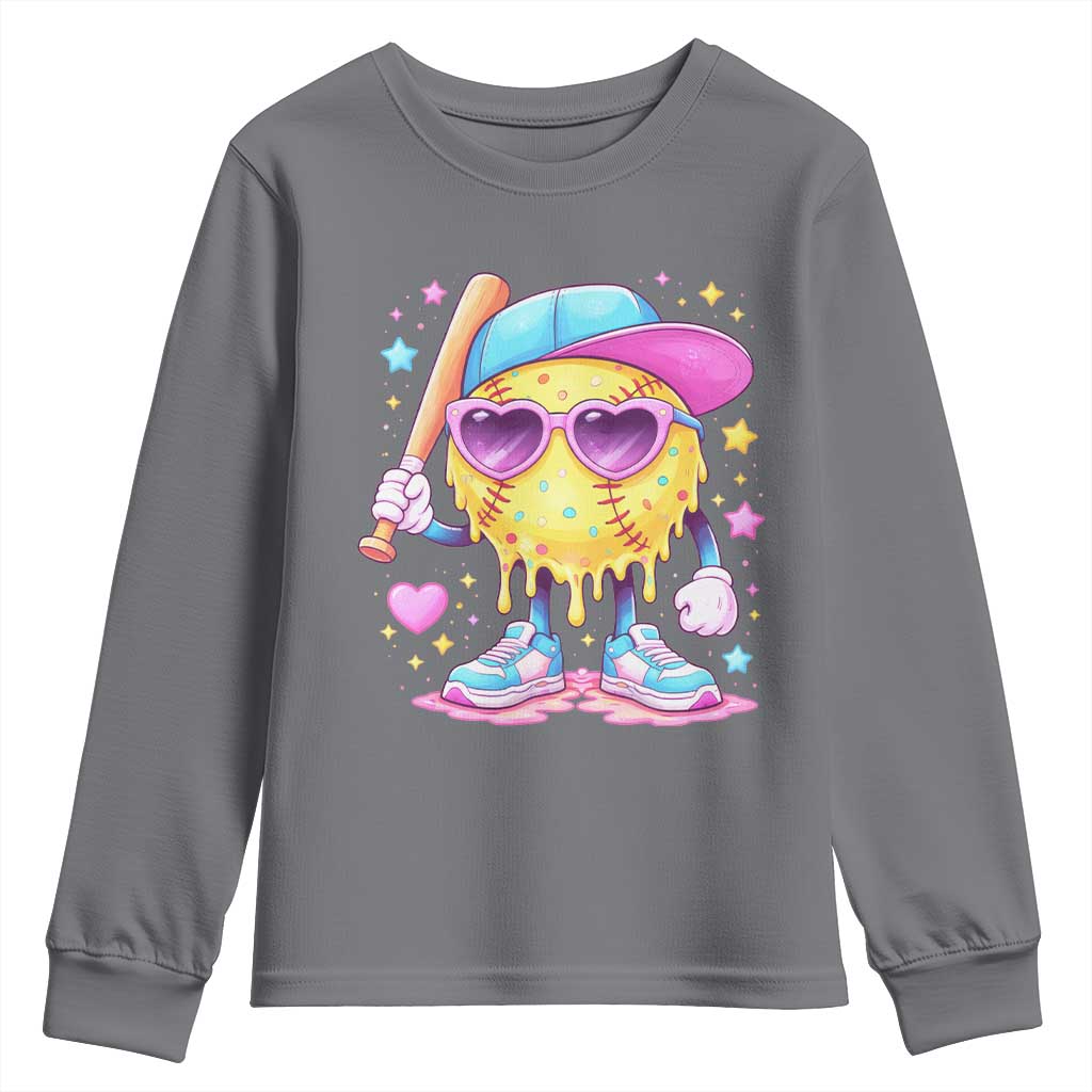 Funny Softball Drip Youth Sweatshirt Ice Cream Sprinkles Softball Girls Kid TS10 Charcoal Print Your Wear
