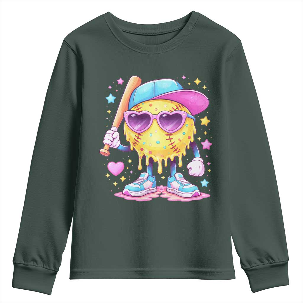 Funny Softball Drip Youth Sweatshirt Ice Cream Sprinkles Softball Girls Kid TS10 Dark Forest Green Print Your Wear