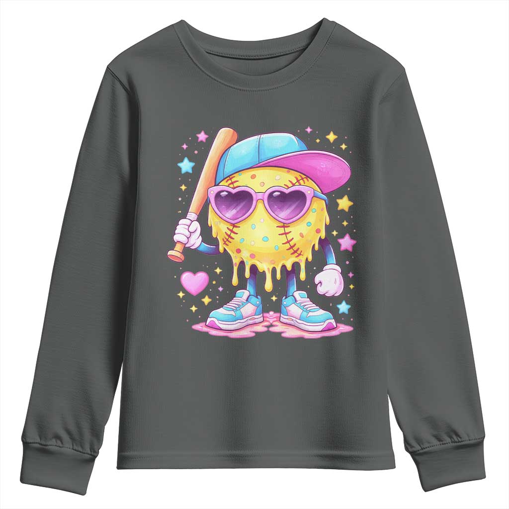 Funny Softball Drip Youth Sweatshirt Ice Cream Sprinkles Softball Girls Kid TS10 Dark Heather Print Your Wear