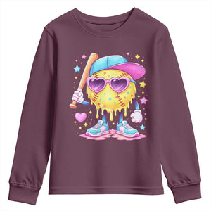 Funny Softball Drip Youth Sweatshirt Ice Cream Sprinkles Softball Girls Kid TS10 Maroon Print Your Wear