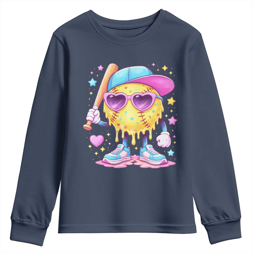 Funny Softball Drip Youth Sweatshirt Ice Cream Sprinkles Softball Girls Kid TS10 Navy Print Your Wear