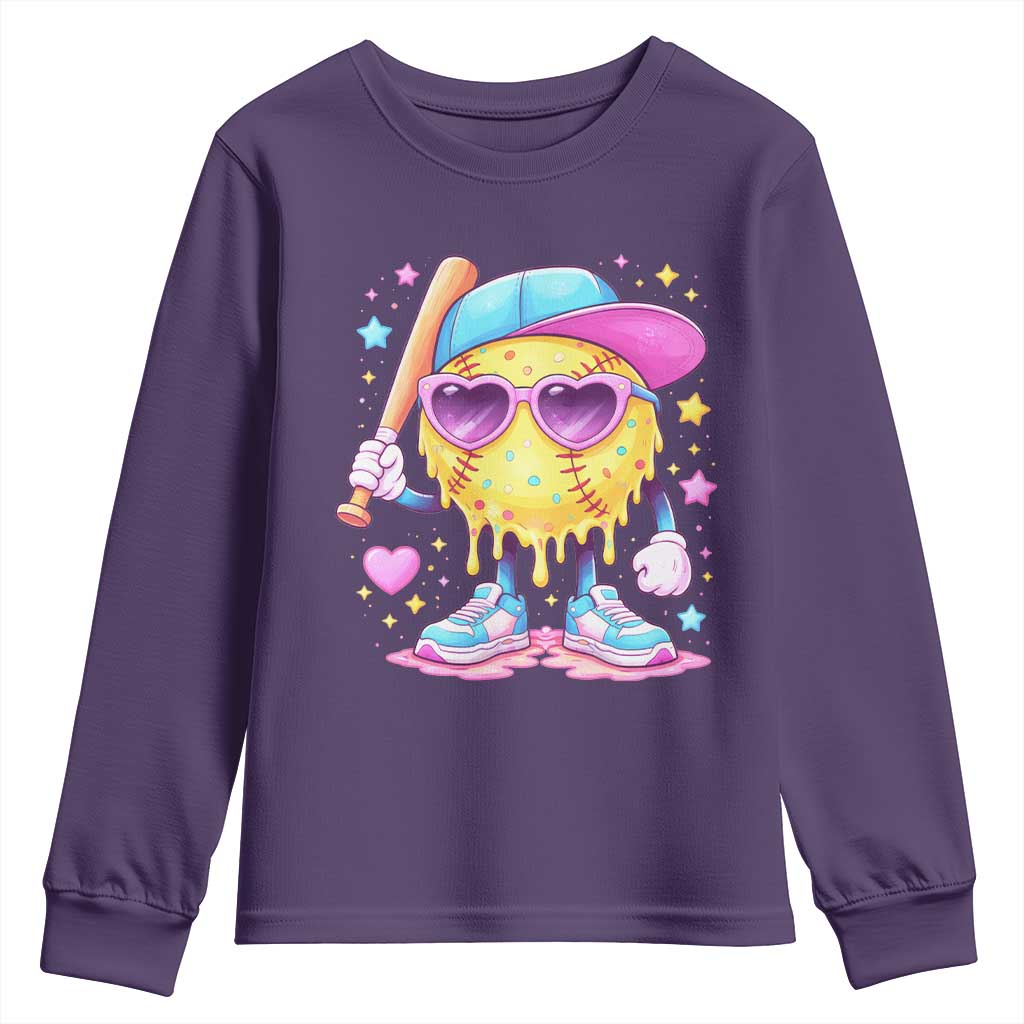 Funny Softball Drip Youth Sweatshirt Ice Cream Sprinkles Softball Girls Kid TS10 Purple Print Your Wear