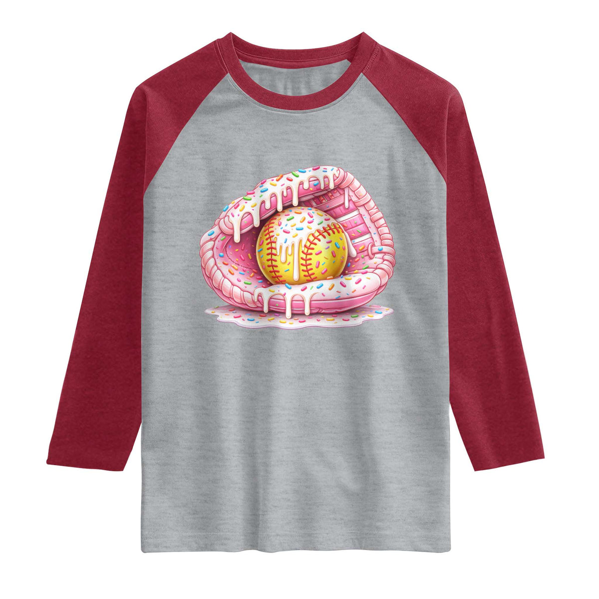 Softball Drip Raglan Shirt Ice Cream Sprinkles Softball Glove Girls Kid TS10 Heather Gray Heather Red Print Your Wear