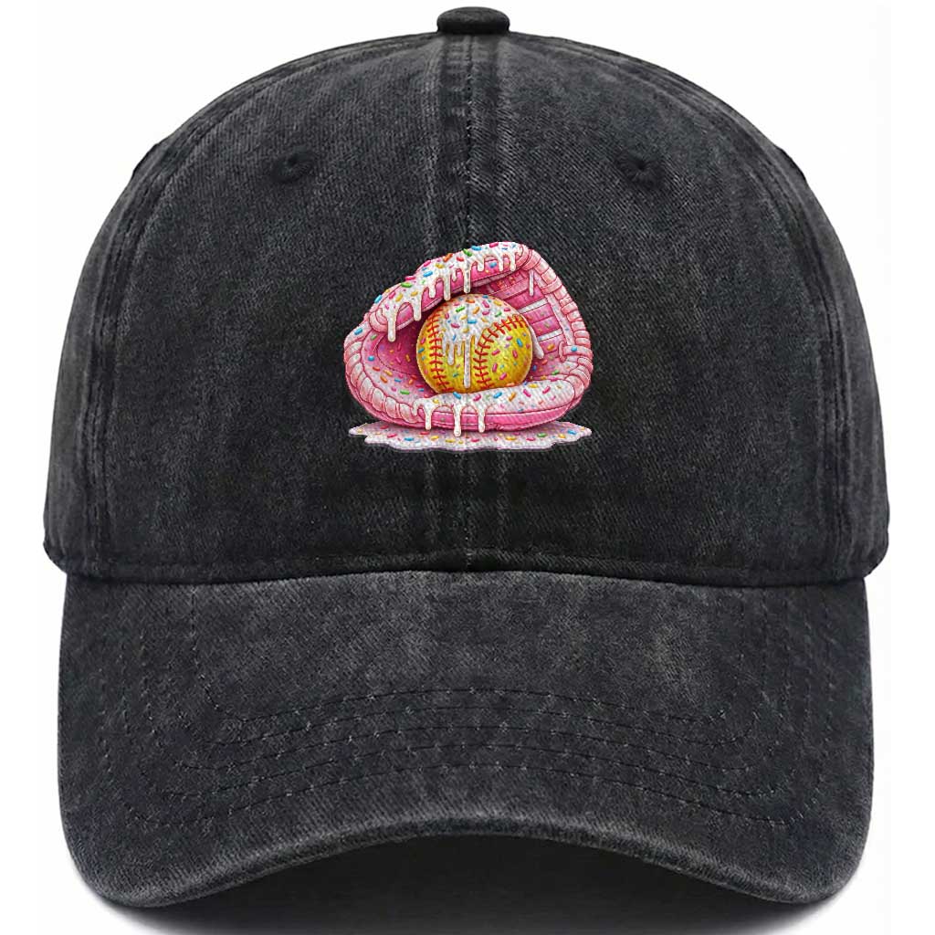Softball Drip Washed Cotton Baseball Cap Ice Cream Sprinkles Softball Glove Girls Kid TS10 Washed Cap Universal Fit Black Print Your Wear