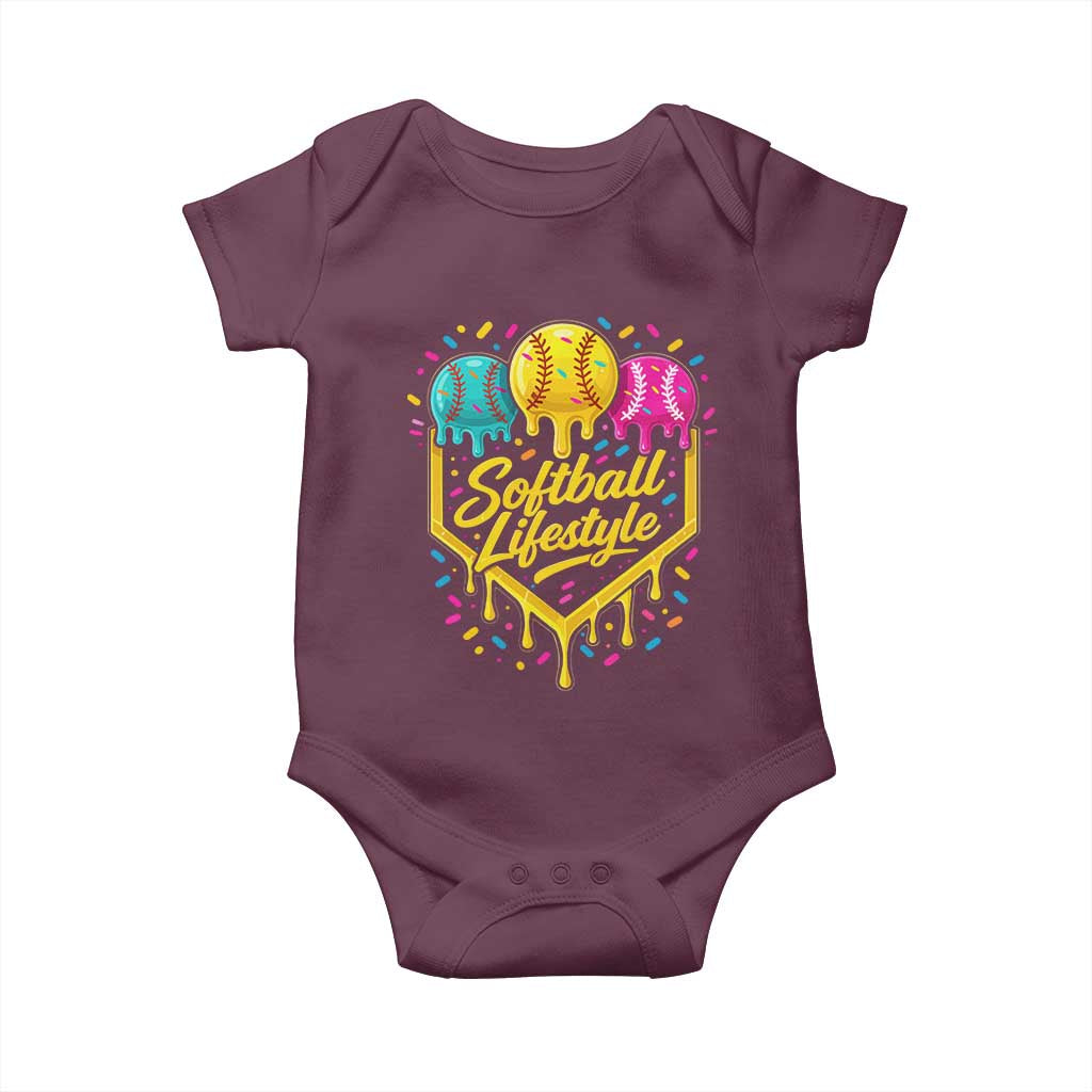 Softball Drip Baby Onesie Ice Cream Sprinkles Softball Life Style TS10 Maroon Print Your Wear
