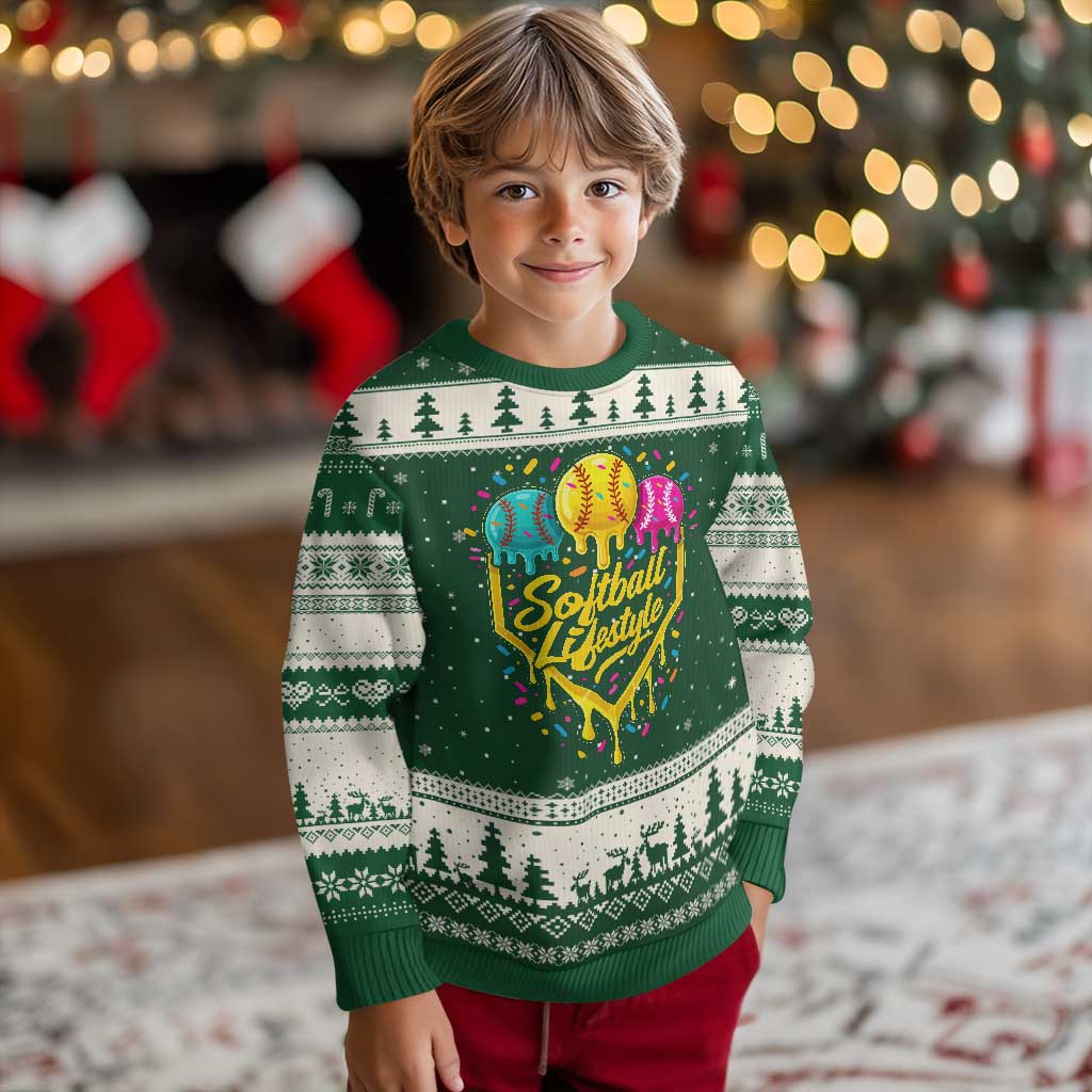 Softball Drip Ugly Christmas Sweater Ice Cream Sprinkles Softball Life Style TS10 Forest Green Beige Print Your Wear