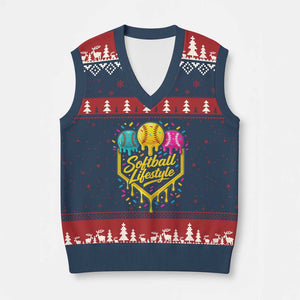 Softball Drip V-Neck Knit Sweater Vest Ice Cream Sprinkles Softball Life Style TS10 Navy Red Print Your Wear