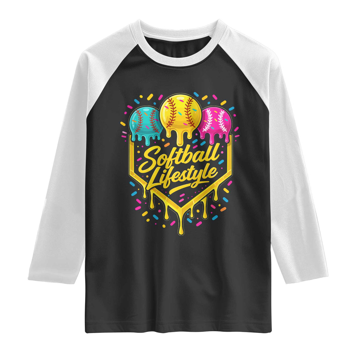 Softball Drip Raglan Shirt Ice Cream Sprinkles Softball Life Style TS10 Black White Print Your Wear