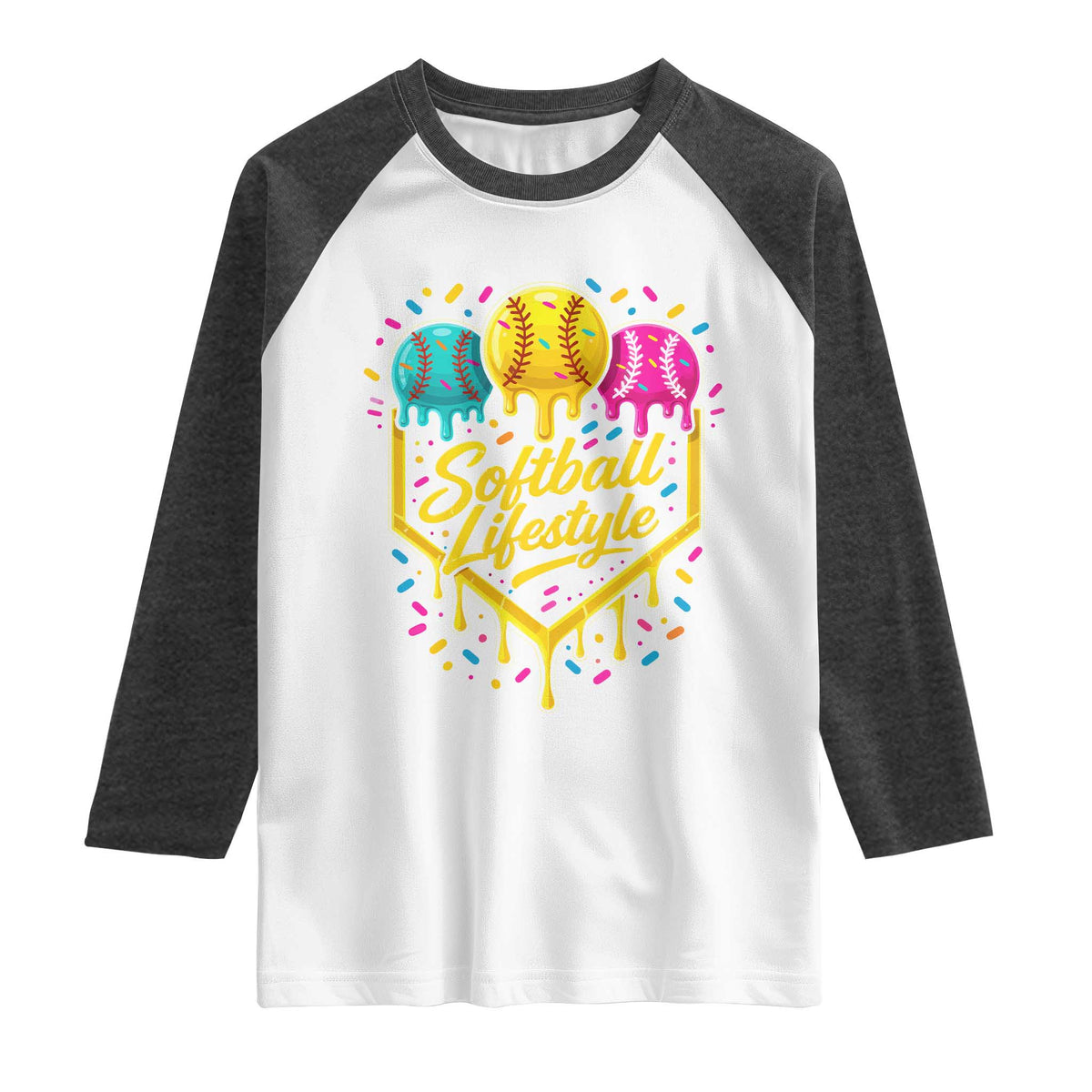 Softball Drip Raglan Shirt Ice Cream Sprinkles Softball Life Style TS10 White Heather Charcoal Print Your Wear