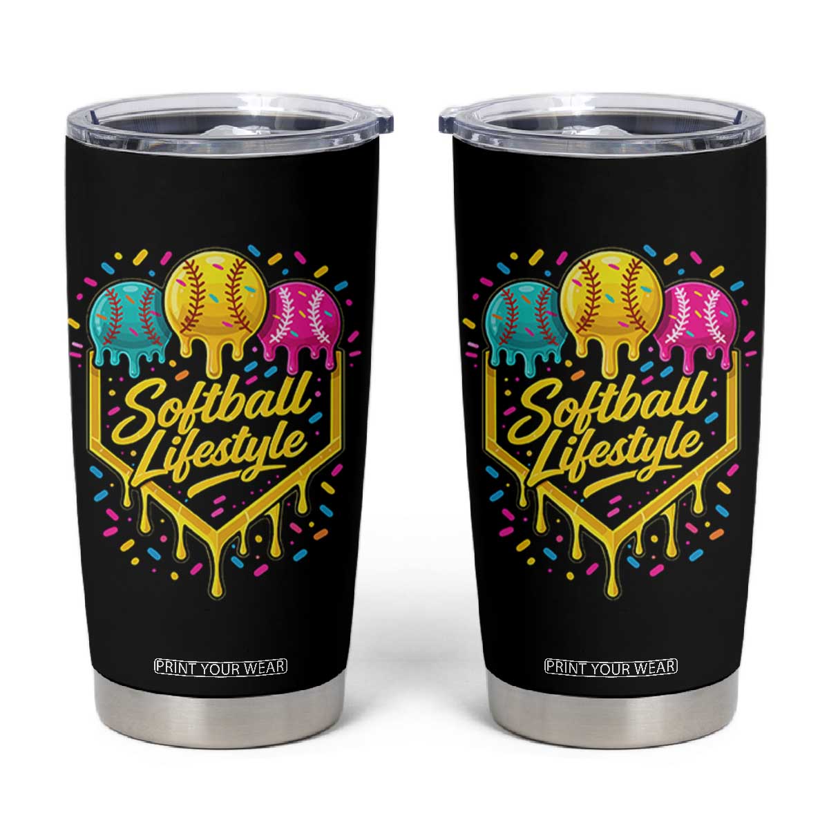 Softball Drip Tumbler Cup Ice Cream Sprinkles Softball Life Style TS10 Black Print Your Wear