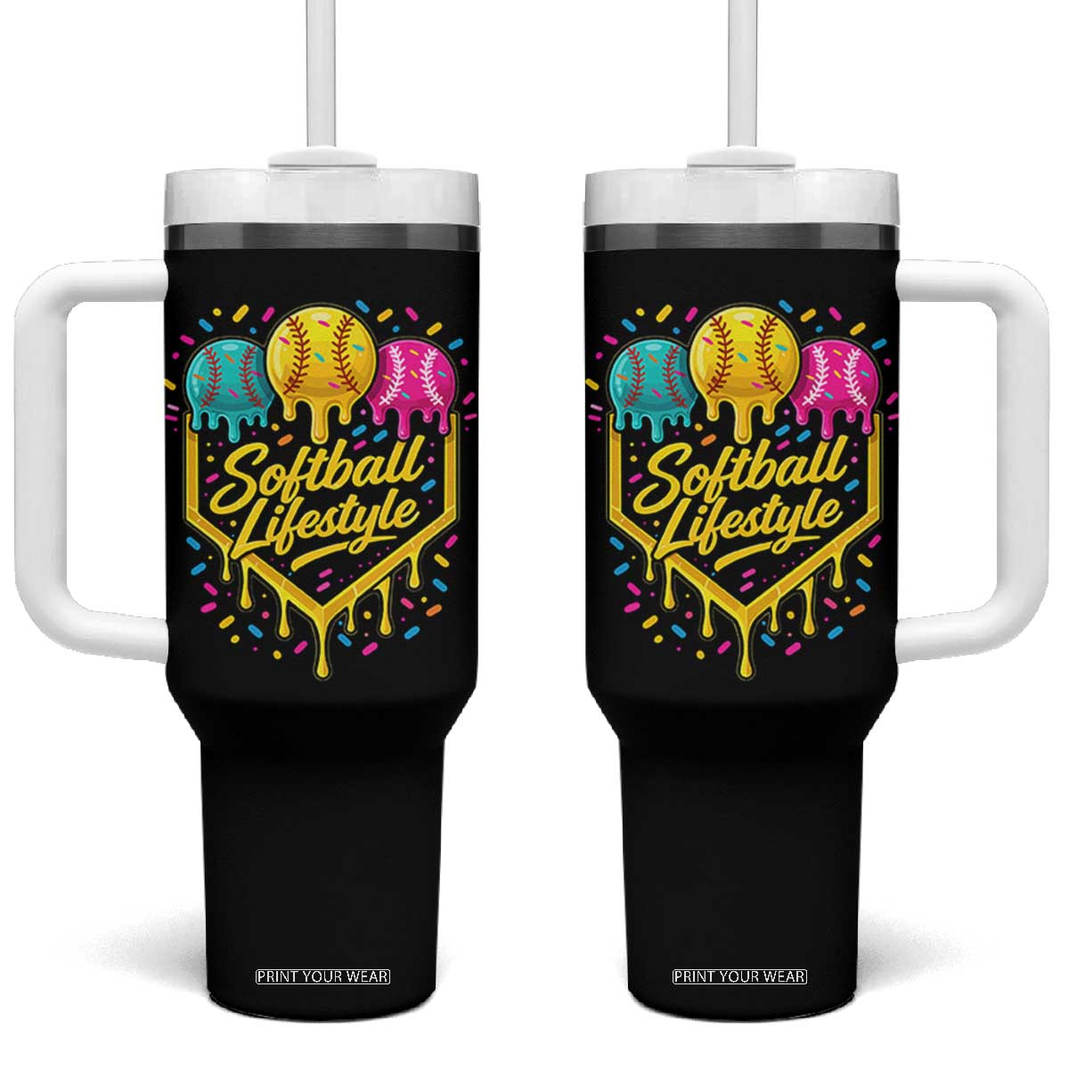 Softball Drip Tumbler With Handle Ice Cream Sprinkles Softball Life Style TS10 One Size: 40 oz Black Print Your Wear
