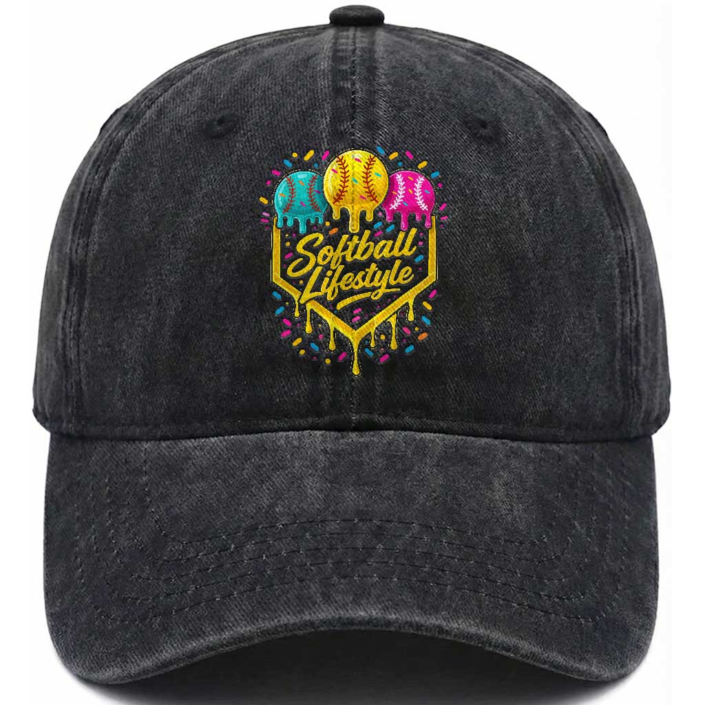 Softball Drip Washed Cotton Baseball Cap Ice Cream Sprinkles Softball Life Style TS10 Washed Cap Universal Fit Black Print Your Wear