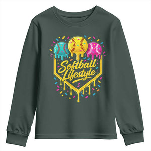 Softball Drip Youth Sweatshirt Ice Cream Sprinkles Softball Life Style TS10 Dark Forest Green Print Your Wear