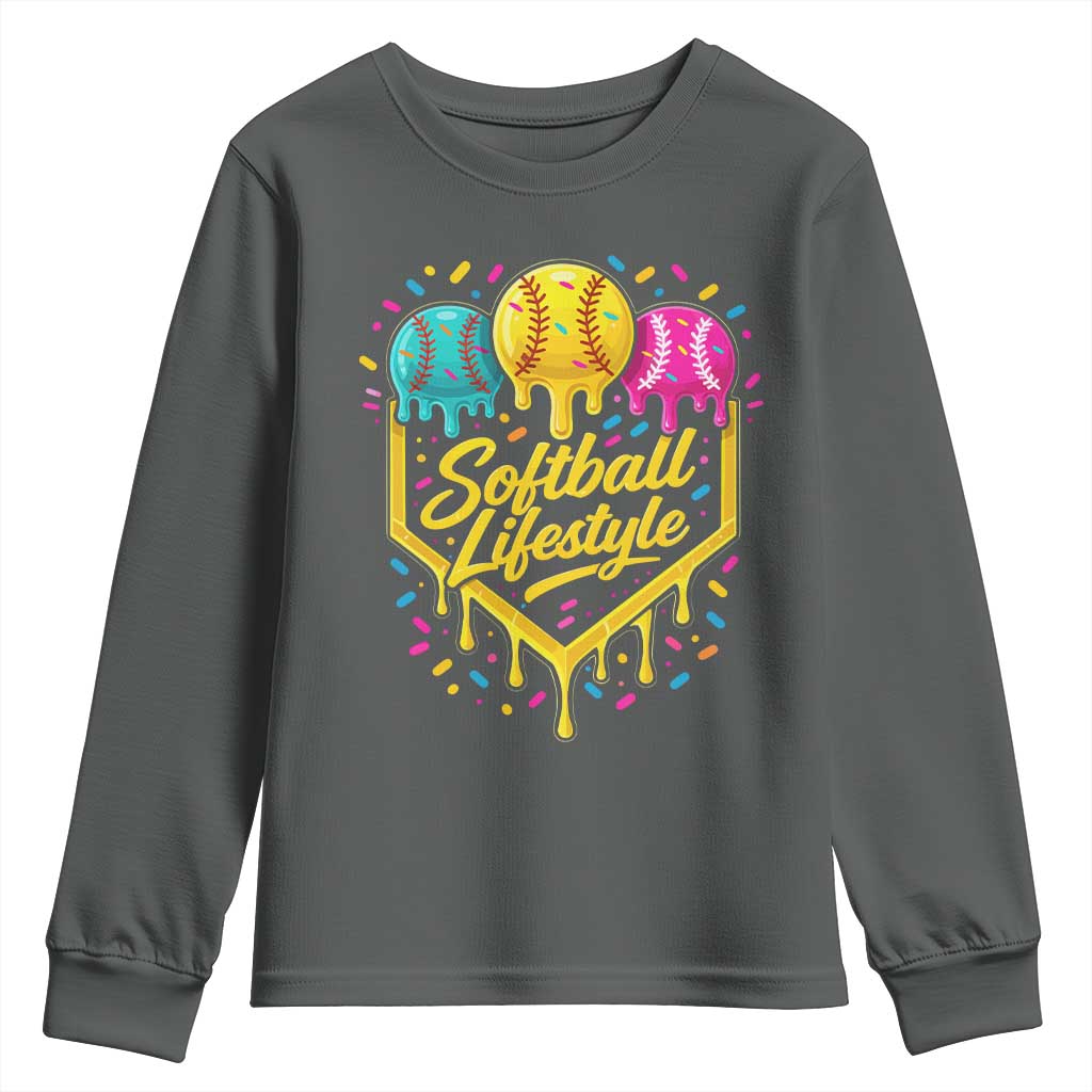 Softball Drip Youth Sweatshirt Ice Cream Sprinkles Softball Life Style TS10 Dark Heather Print Your Wear