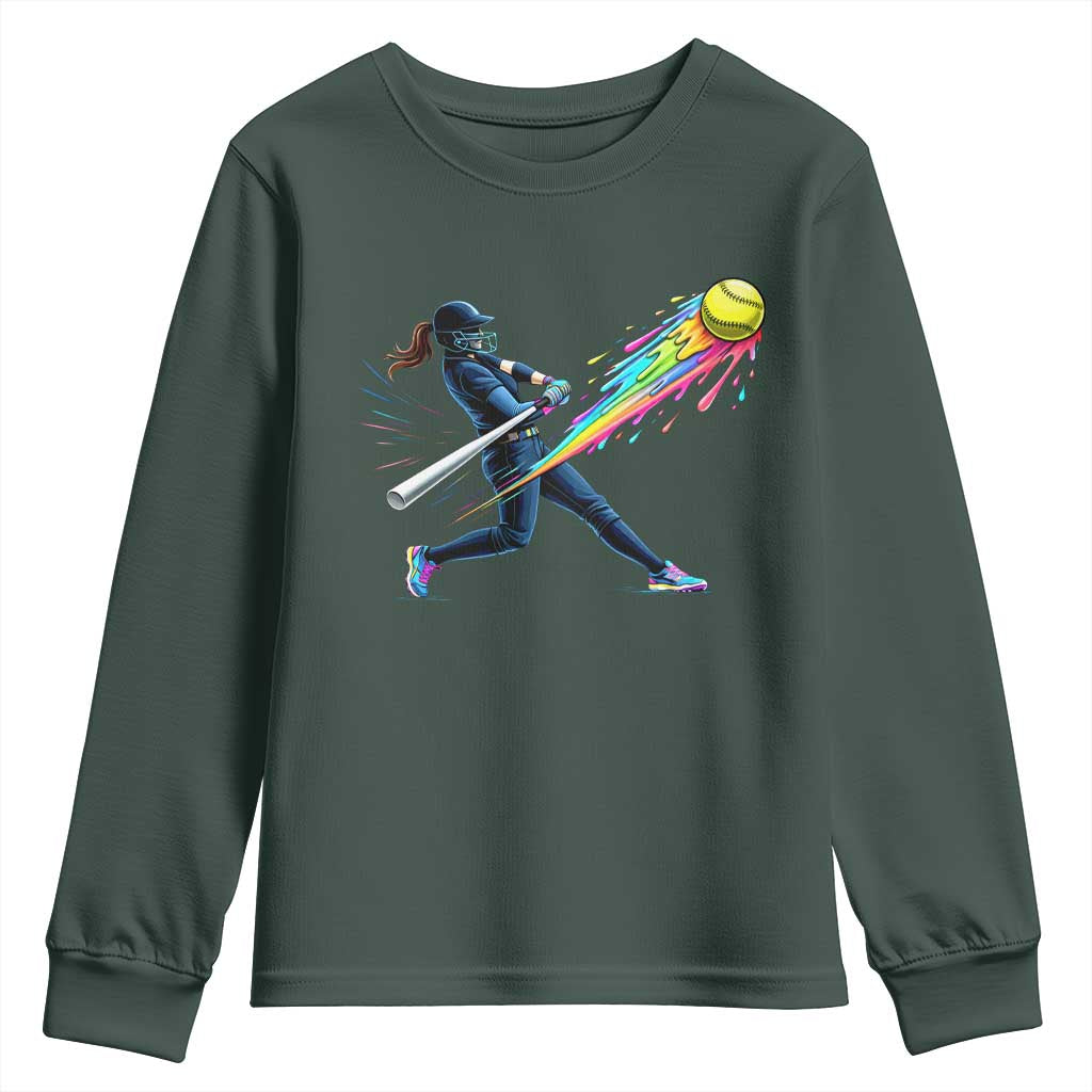 Softball Player Drip Youth Sweatshirt TS10 Dark Forest Green Print Your Wear