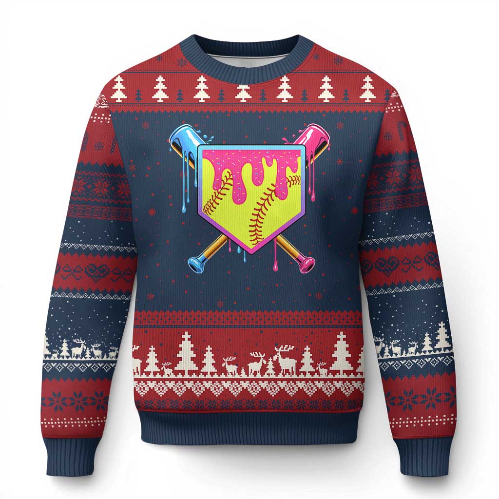 Softball Drip Ugly Christmas Sweater Ice Cream Drip Youth Girls Softball Sport TS10 Navy Red Print Your Wear