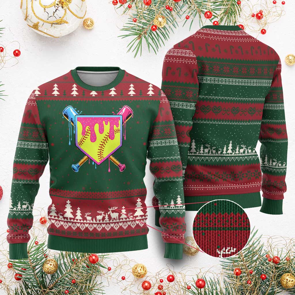 Softball Drip Ugly Christmas Sweater Ice Cream Drip Youth Girls Softball Sport TS10 Red Green Print Your Wear