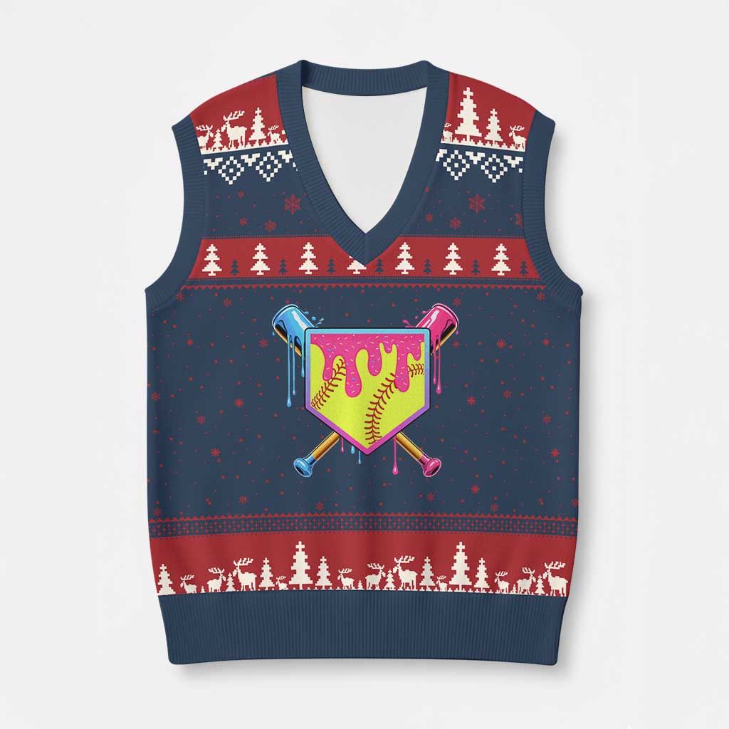 Softball Drip V-Neck Knit Sweater Vest Ice Cream Drip Youth Girls Softball Sport TS10 Navy Red Print Your Wear