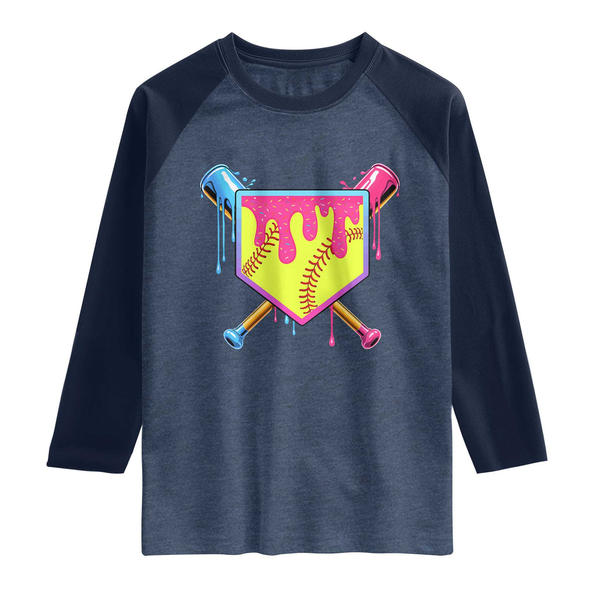 Softball Drip Raglan Shirt Ice Cream Drip Youth Girls Softball Sport TS10 Heather Denim Navy Print Your Wear
