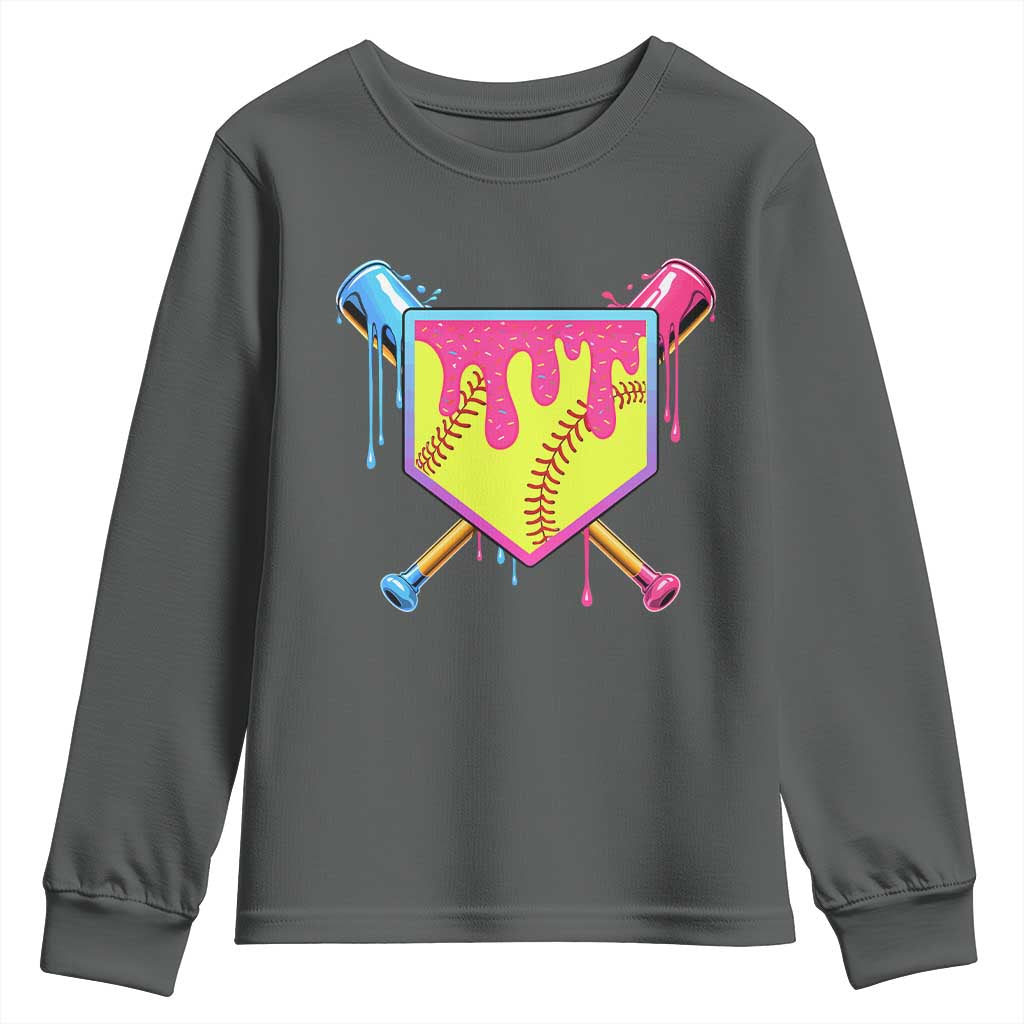 Softball Drip Youth Sweatshirt Ice Cream Drip Youth Girls Softball Sport TS10 Dark Heather Print Your Wear