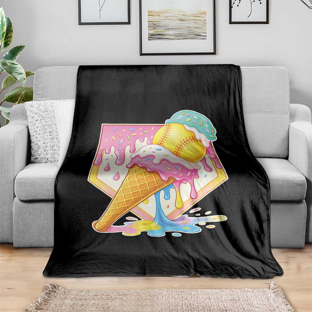 Softball Drip Throw Blanket Cute Softball Girls Ice Cream Drip Game Day TS10 Print Your Wear
