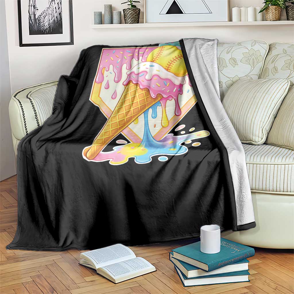 Softball Drip Throw Blanket Cute Softball Girls Ice Cream Drip Game Day TS10 Print Your Wear