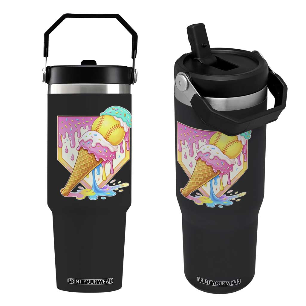 Softball Drip Flip Straw Tumbler Cute Softball Girls Ice Cream Drip Game Day TS10 One Size: 30 oz Black Print Your Wear