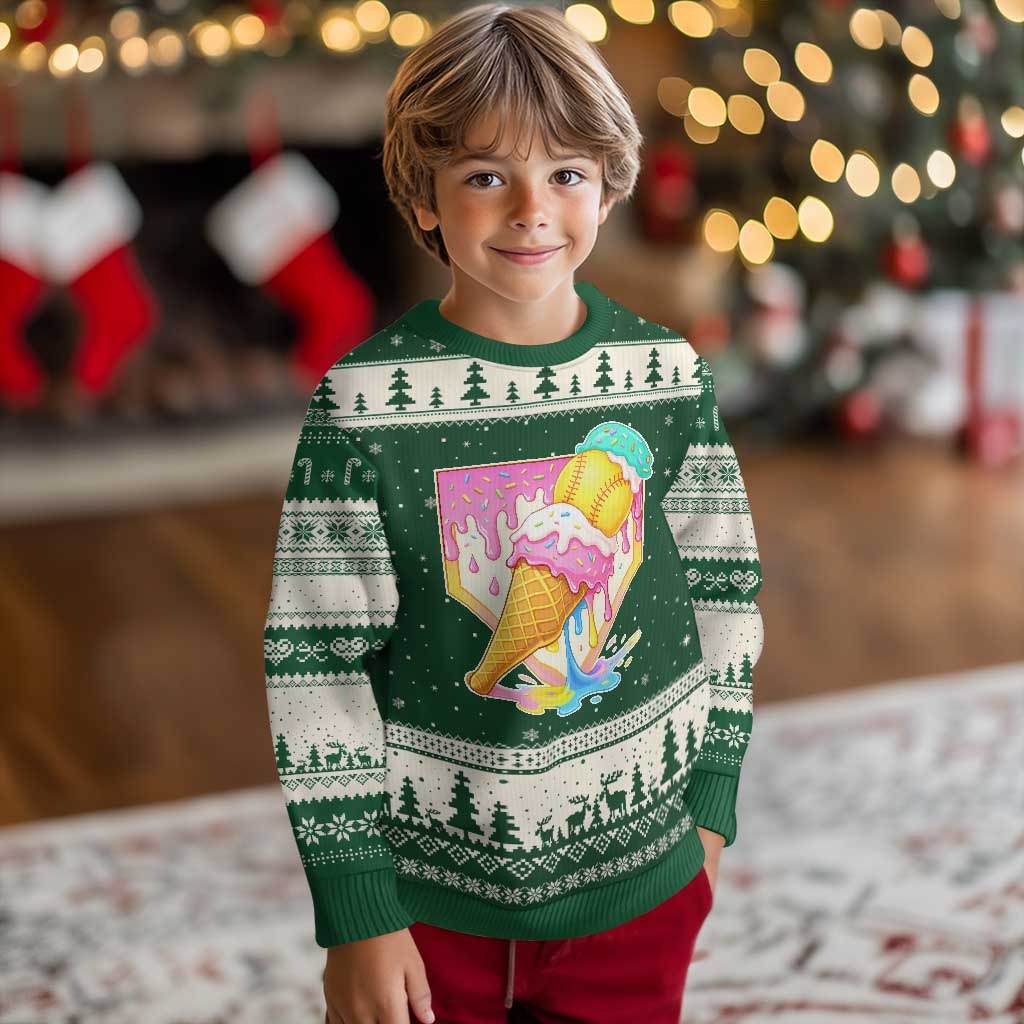 Softball Drip Ugly Christmas Sweater Cute Softball Girls Ice Cream Drip Game Day TS10 Forest Green Beige Print Your Wear