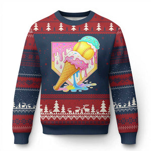 Softball Drip Ugly Christmas Sweater Cute Softball Girls Ice Cream Drip Game Day TS10 Navy Red Print Your Wear