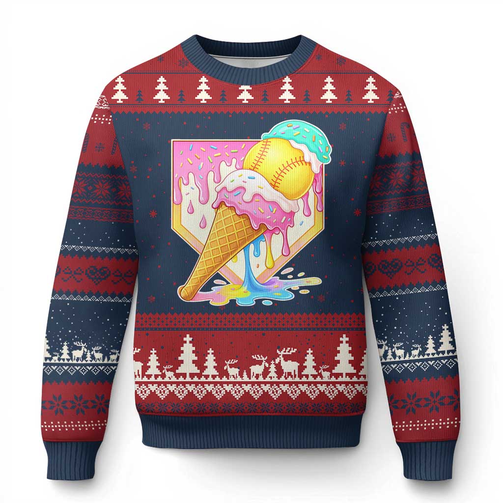Softball Drip Ugly Christmas Sweater Cute Softball Girls Ice Cream Drip Game Day TS10 Navy Red Print Your Wear